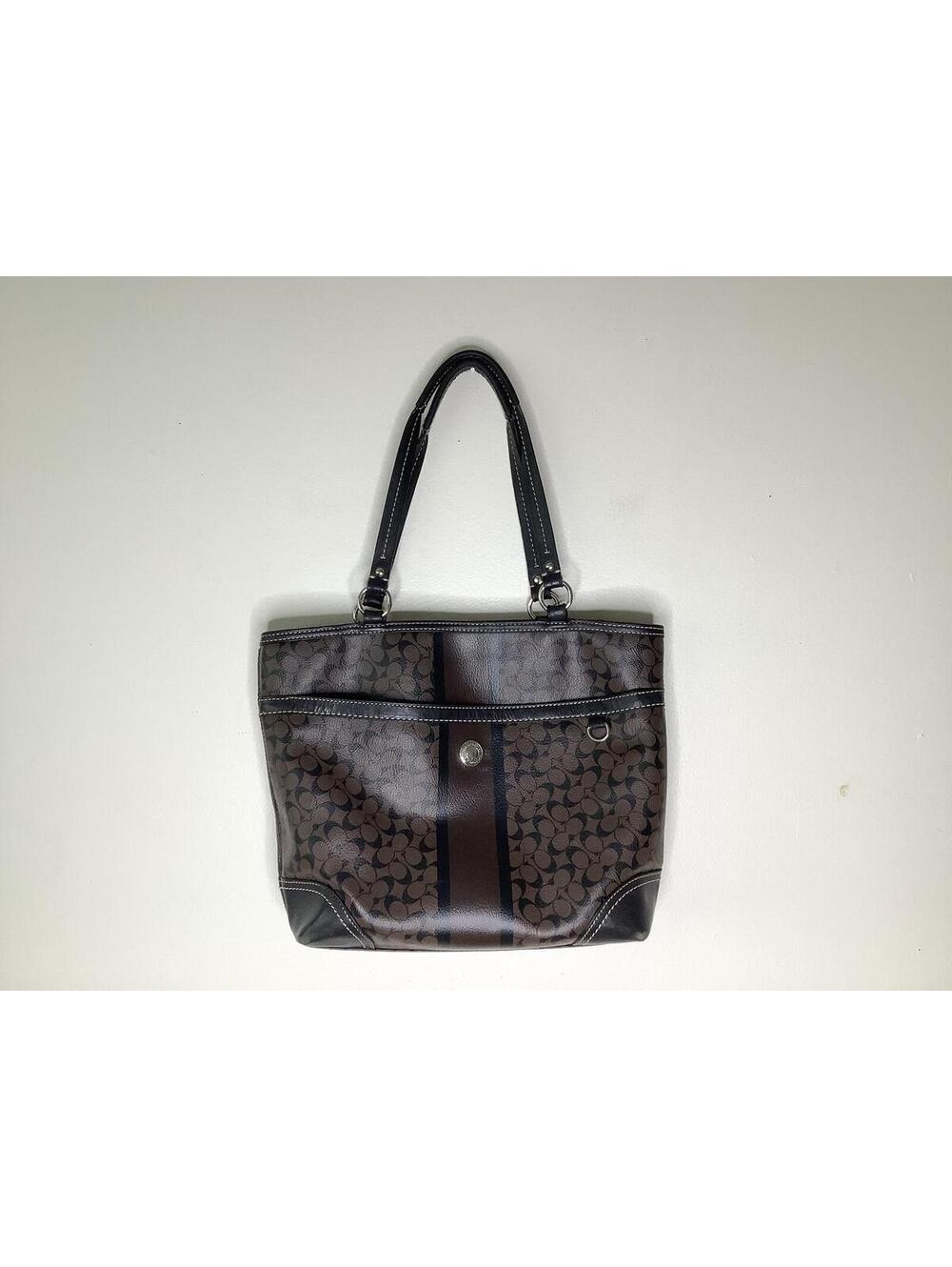 < Coach Chelsea Heritage Stripe Brown Signature Leather Tote > - Picture 2 of 10